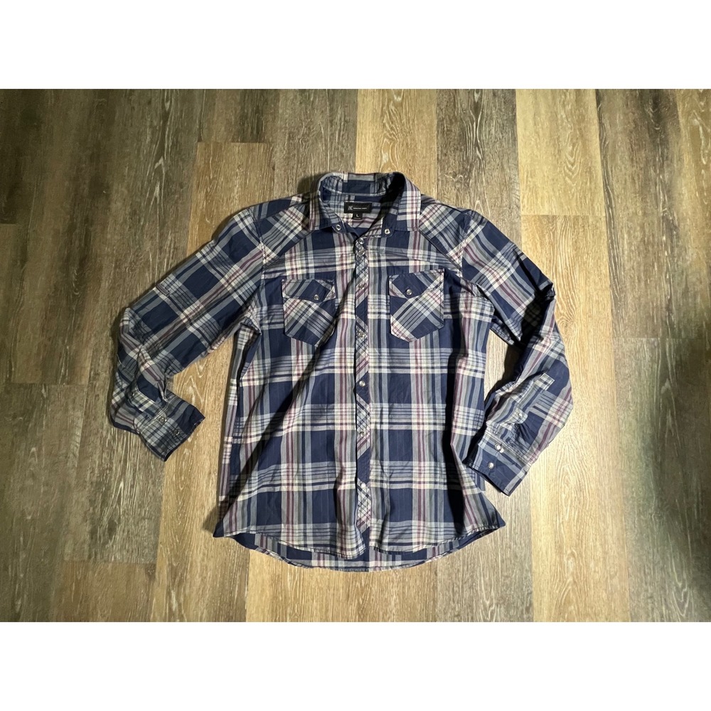 INC Plaid‎ Western Pearl Snap Shirt Mens Large Blue Purple Excellent Long Sleeve
